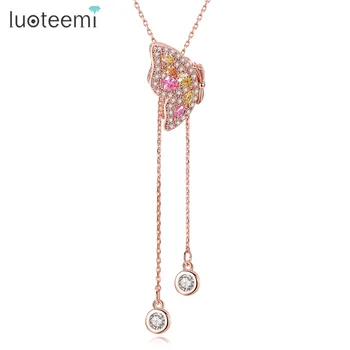 

LUOTEEMI Fashion Rose Gold Color Butterfly Statement Pendant Necklaces For Women Multicolor Cubic Zircon Slide Sweater Necklace