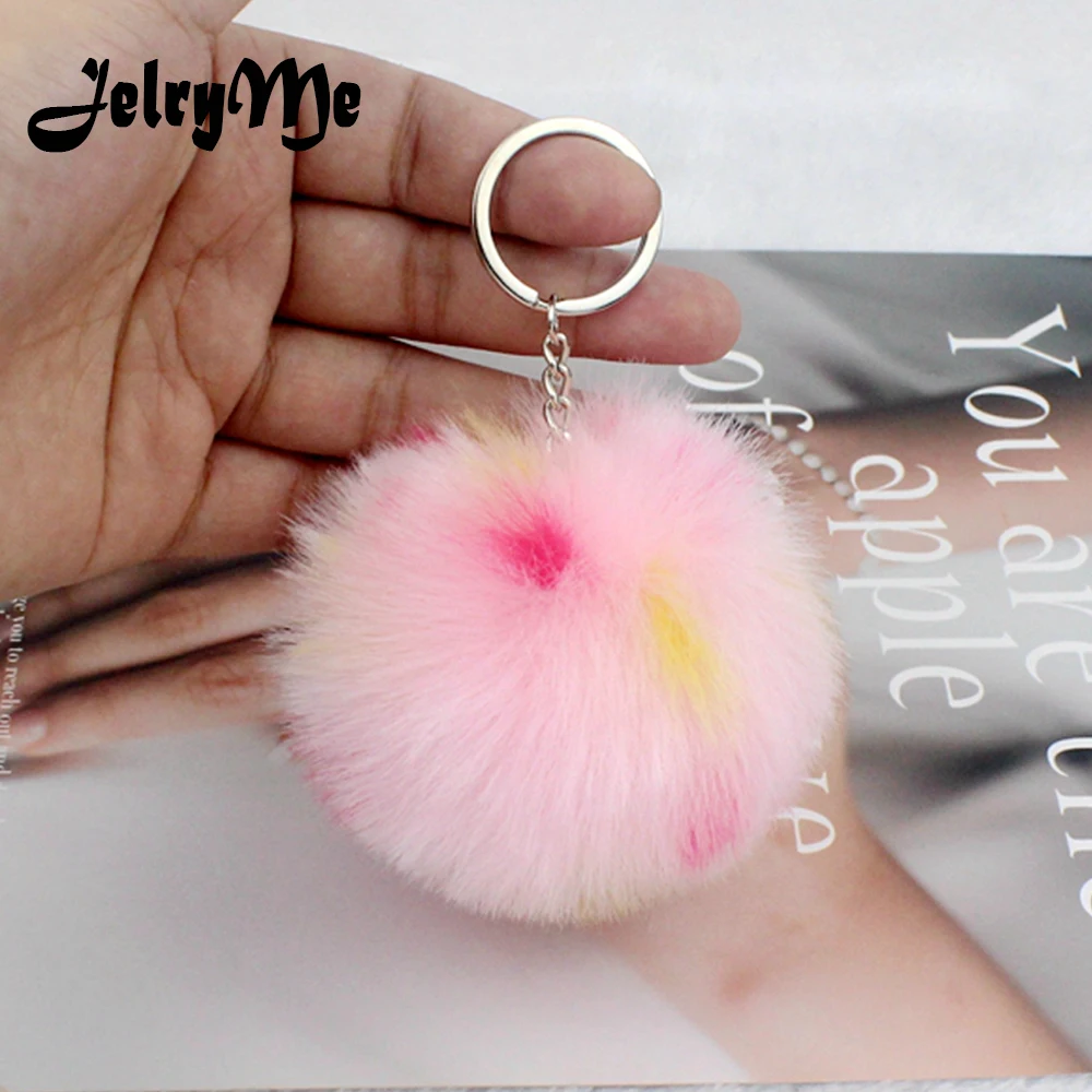 

8CM Long Fur Pompom Key Chain For Women Purse Charms Car Key Ring Rainbow Dot Artificial Fox Fur Fluffy Keychains Teacher Gift