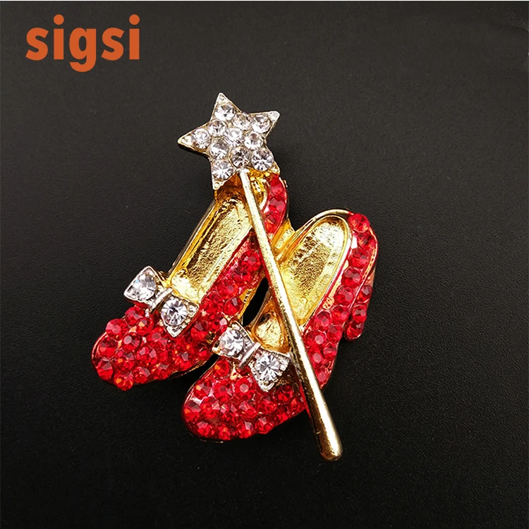 

lot Gold-tone Red Crystal High Heel Shoes Star Wand Bow Lapel Pin Dorothy Wizard of Oz Style Shoes Brooch