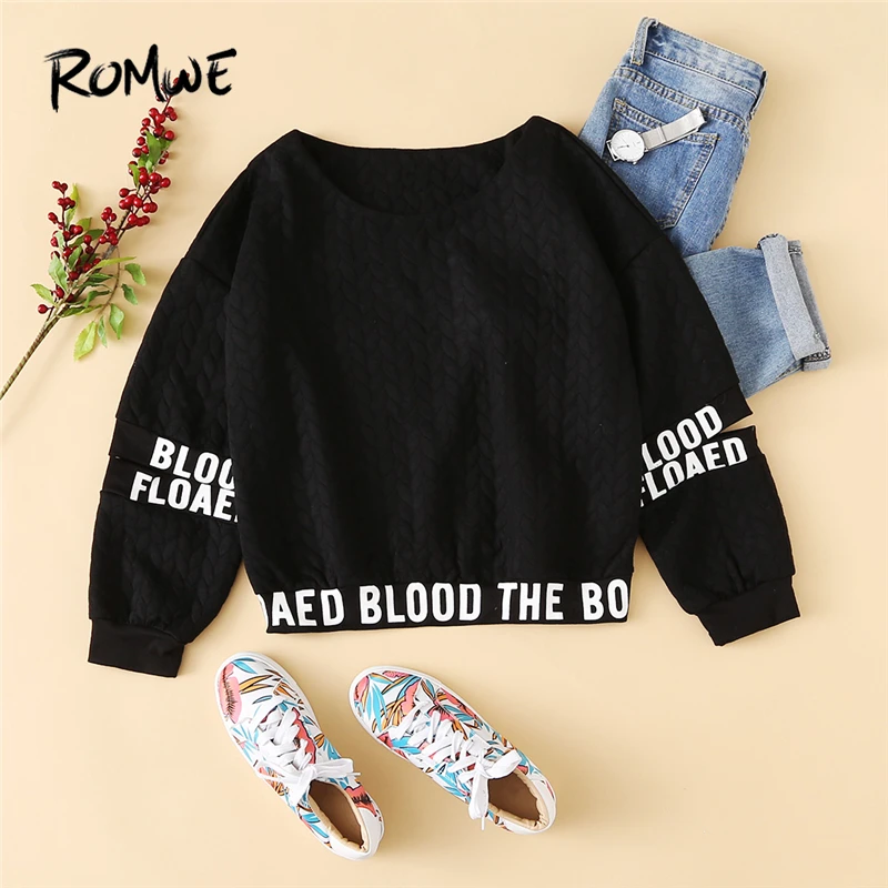  ROMWE Drop Shoulder Cut Sleeve Sweatshirt Black Long Sleeve Cut Out Letter Female Top Round Neck Re