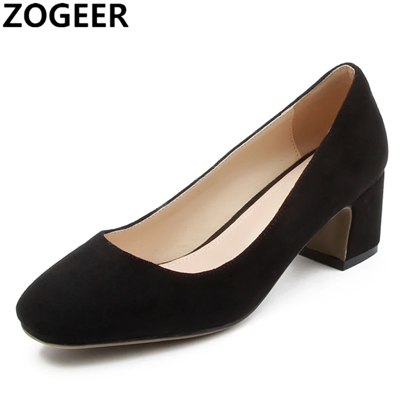 

2019 Quality Shallow Suede Leather Elegant Shoes Woman Square Low Heel Casual Women Pumps Sweet pink Wedding Office Ladies Shoes