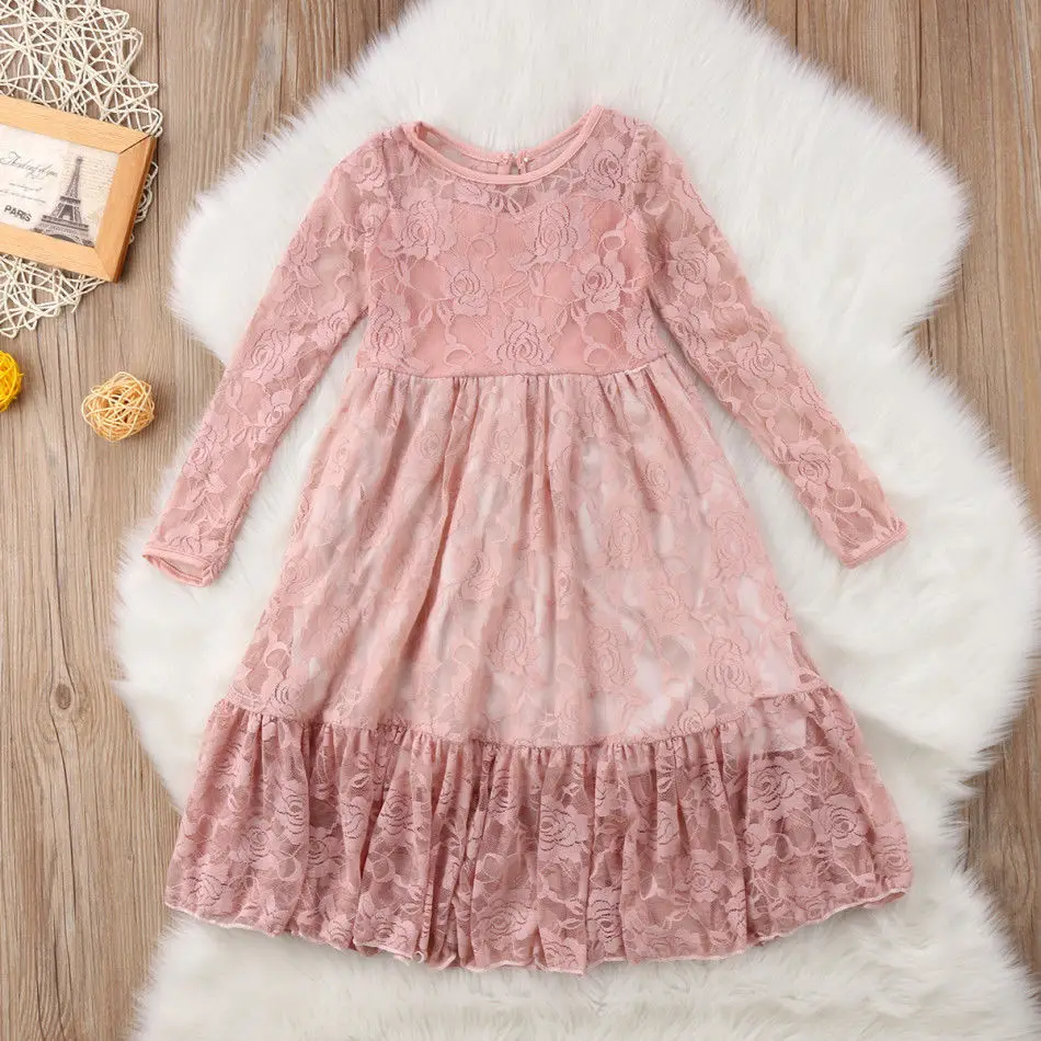 Kids Baby Girls Autumn Floral Sweet Fairy White Formal Long Sleeves Party Lace Wedding Princess Gown Pageant Flower Girls Dress