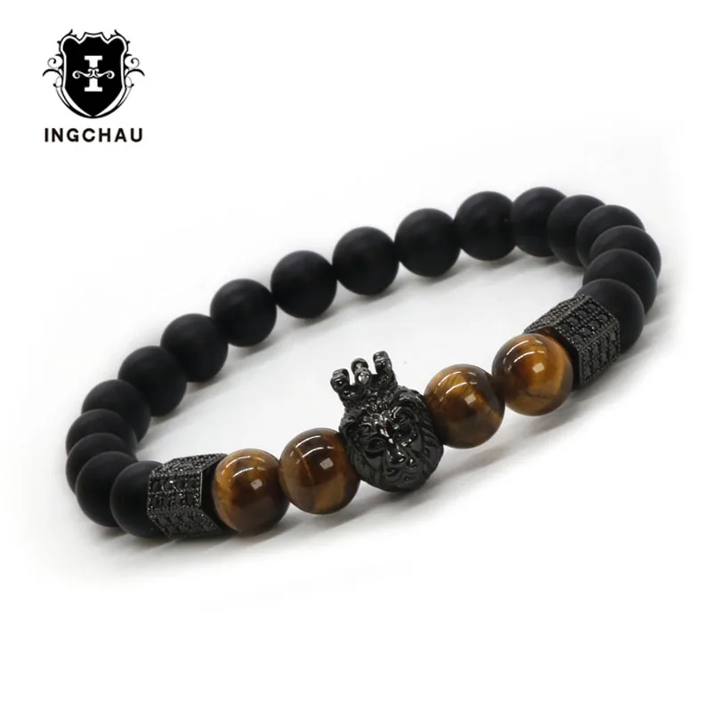 

Micro Pave Gun Black Animal King Lion Bracelet Men Tiger Eye Stone Bracelets For Men Women Pulseras Hombre AM-5