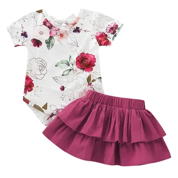 

2019 Brand New princess girl clothes set 0-24M Newborn Infant Baby Girls 2PCS Floral short Layered Cotton Solid Skirt summer