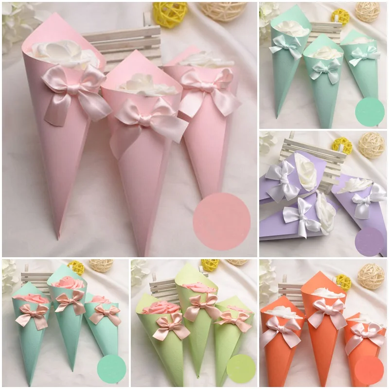 

100 x Pink / Purple / Blue / Orange / Green Ice Cream Cones Rose Flowers Wedding Favors Candy Boxes Party Gifts Box Bomboniera