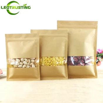

Leotrusting 50pcs Flat Bottom Kraft Paper Clear Window Bag Candy Snack Nuts Grain Zip Lock Packaging Bag Paper Gift Storage Bags