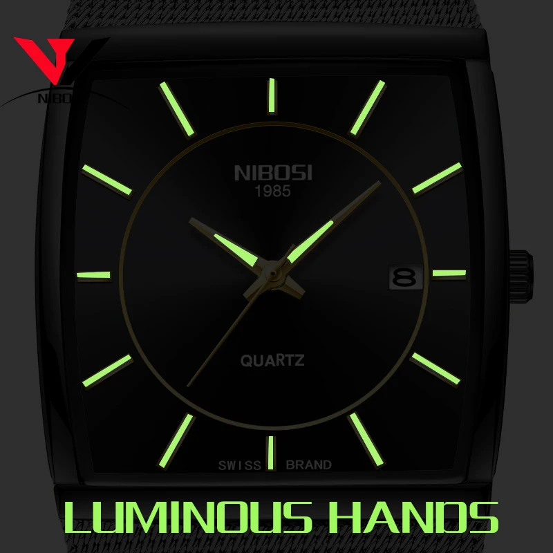 Relojes Hombre NIBOSI Square Watch For Men Mesh Strap Whole Black Analog Quartz-watch Dress Casual Man Clock With Luminous