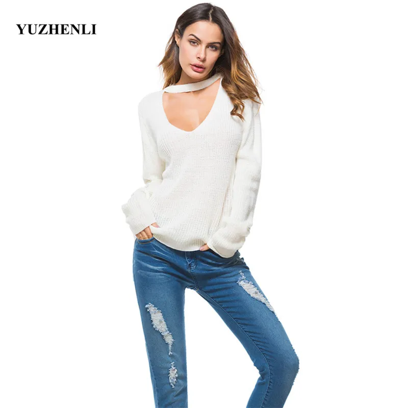 

Yuzhenli New Sexy Deep V-neck Long-sleeved Women's Sweater Pullover Autumn Winter Loose White Hedge Knitted Sweater Size S-XL