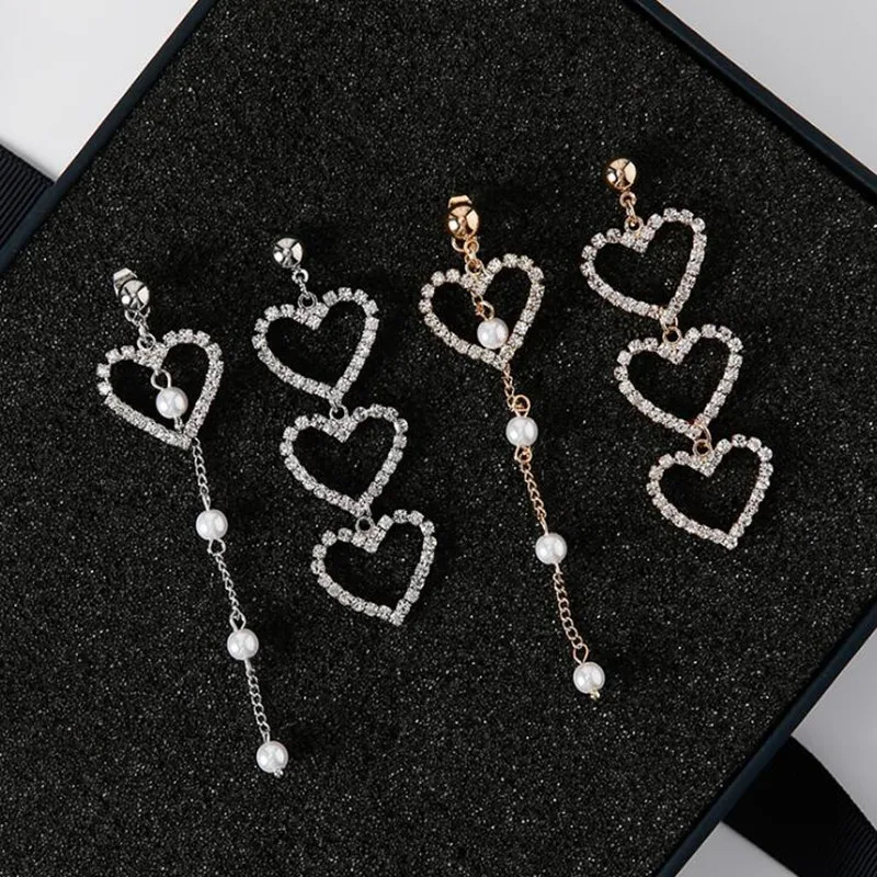 

AE-CANFLY 2018 Newest Asymmetric Crystal Drop Earring Hollow Out Lover Heart Long Chain Tassel Earring With Pearl Korean brincos