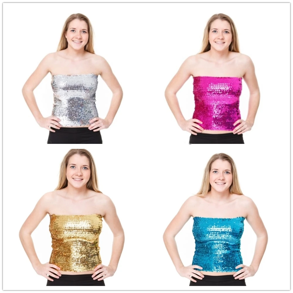 Stretch Sequin Tube Top Glitter Disco Retro Sparkly Boob Bandeau Top Clubwear Sexy Festival Raves Outfit Party Crop Costume women tube tops