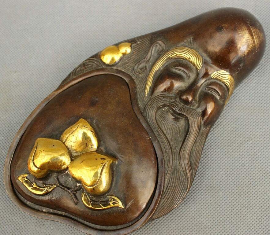 

S2351 8" Chinese Bronze Gilt Peach Longevity Shou Star God Statue Inkstone Inkslab D0318