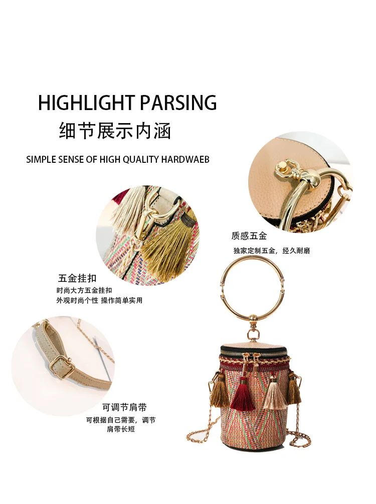 مصمم حقائب قش الروطان المنسوجة حقيبة شاطئية حقائب كتف المرأة دلو السيدات Crossbody أكياس حقيبة يد الإناث البوهيمي بولسا مصمم حقائب قش الروطان المنسوجة حقيبة شاطئية حقائب كتف المرأة دلو السيدات Crossbody أكياس حقيبة يد الإناث البوهيمي بولسا