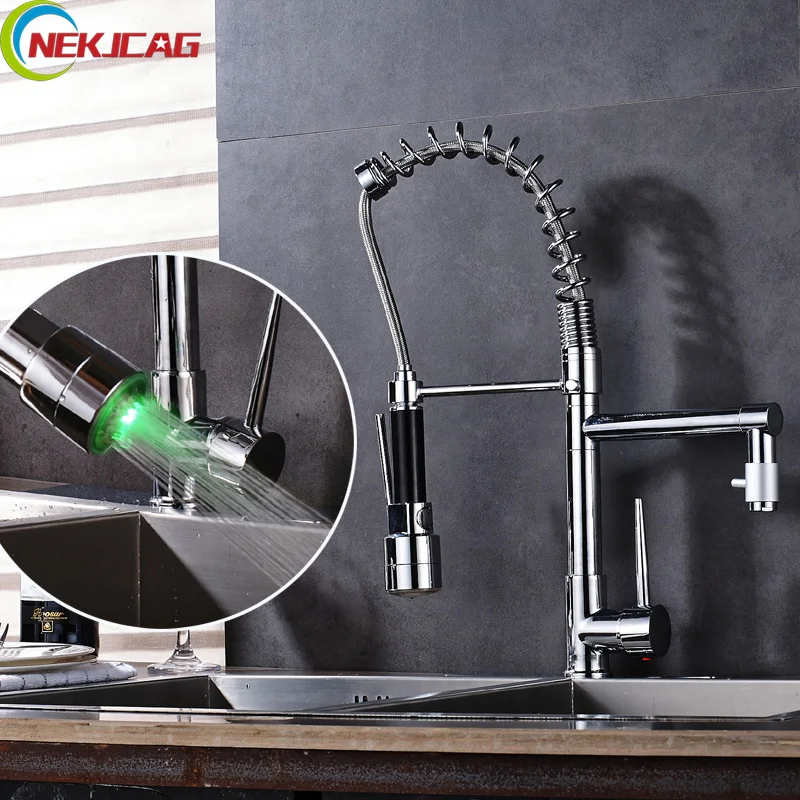 

LED Faucet Sprayer Rotation Spring Chrome Single Handle Deck Mounted Kitchen Sink Faucet Mixer Tap with Hole Cover Plate