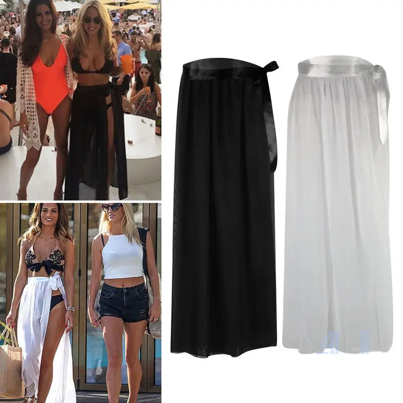 

Ladies Cover Beach Lace Up Maxi Long Solid Wrap Skirt Summer See-through