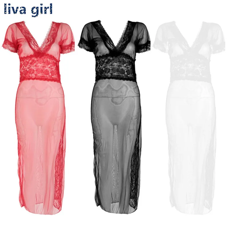 

Evening Dress Solid Sexy Lingerie Women Underwear Long Dressing Night Gown Sheer Transparent Tracksuit