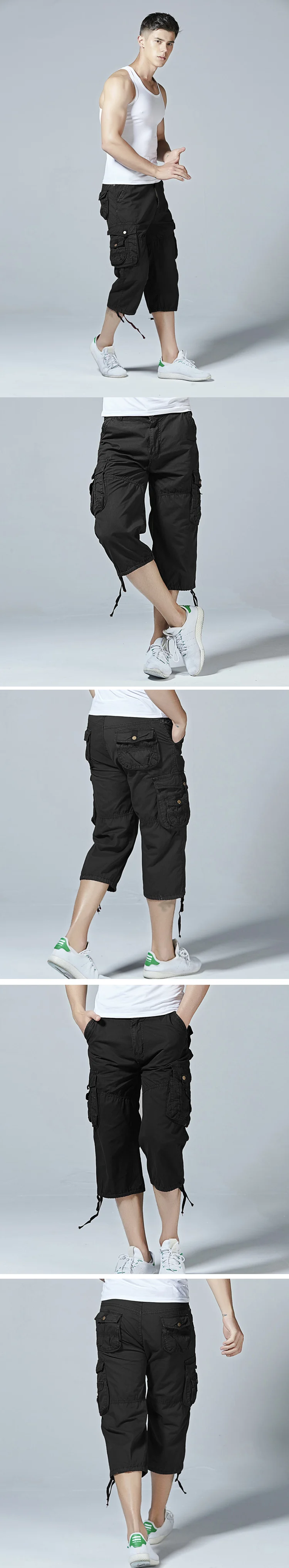 Для мужчин хлопок саржа расслабленным нужным грузов короткие 2018 летние модные мужские длинные мульти-карманы Повседневное Капри Штаны