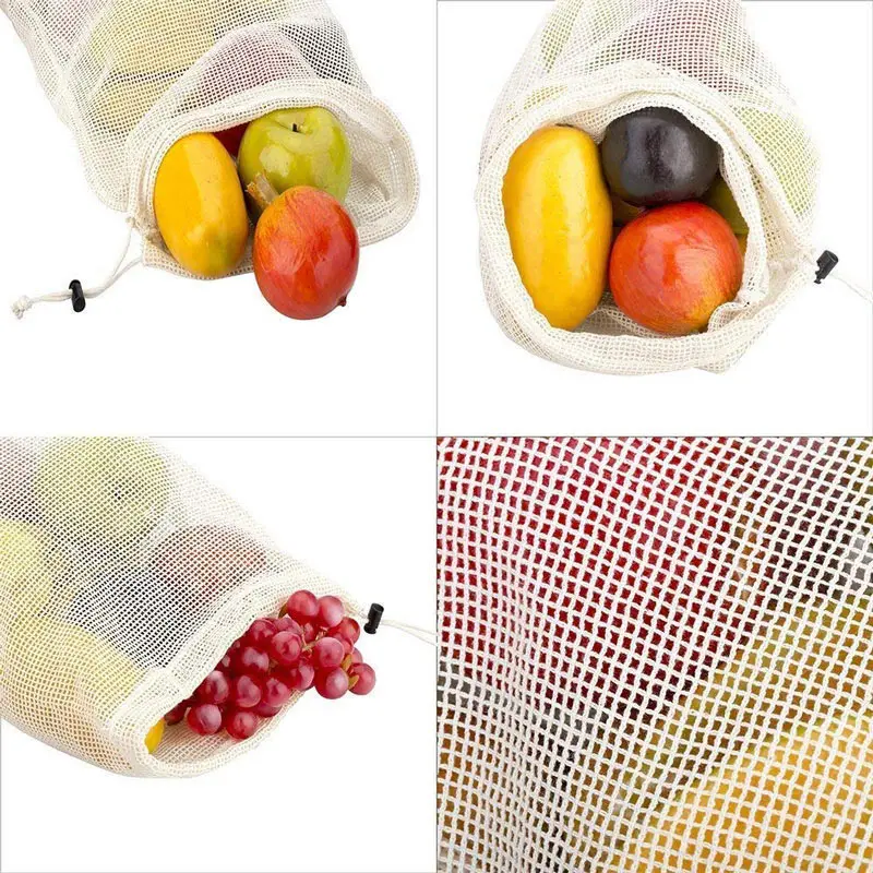 

3 Size Cotton Fruit And Vegetable Storage Vegetable Bags Reusable Home Kitchen Mesh Bags With Drawstring Machine Washable