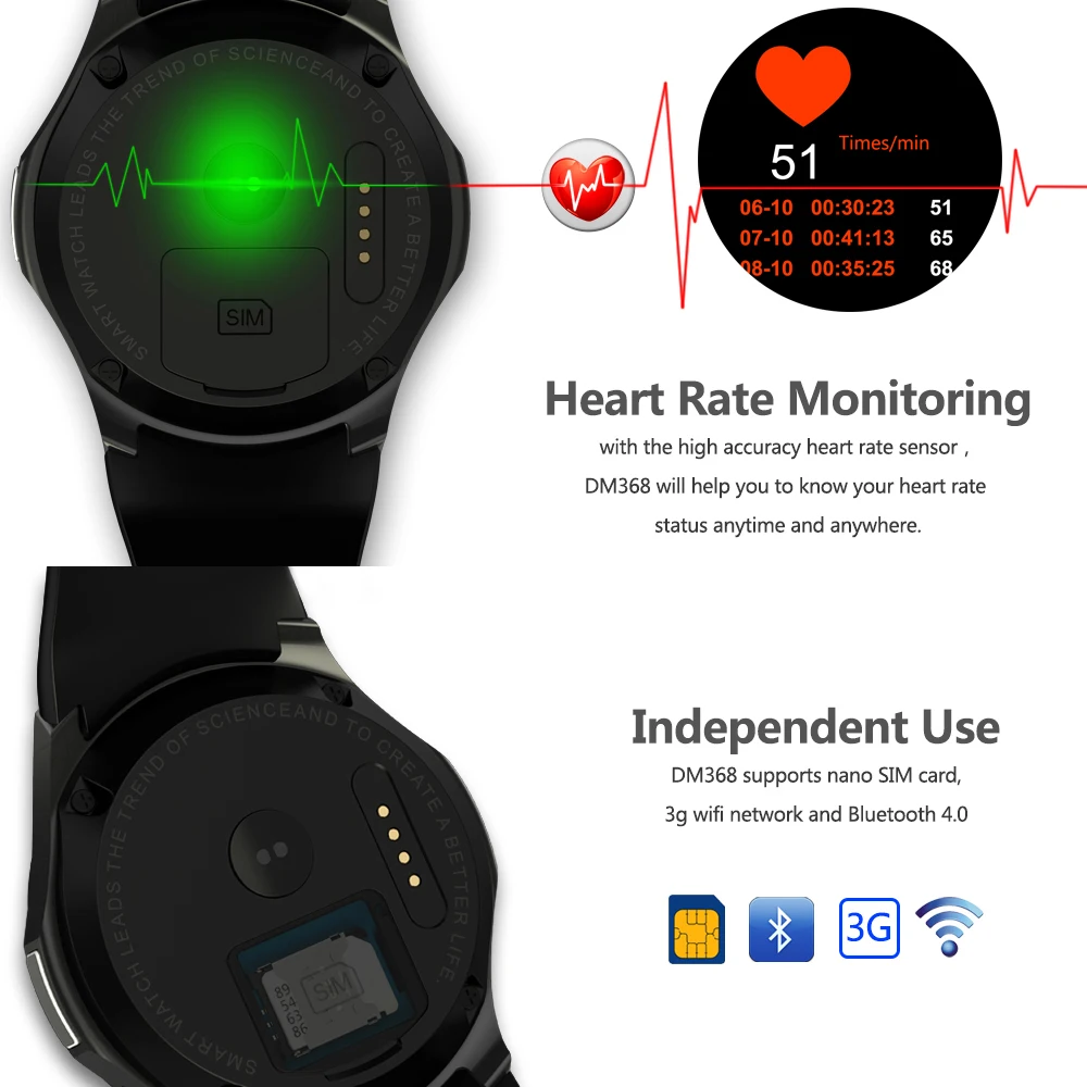 DM368 Smart Watch Andriod MTK6580 With SIM Card 3G Watch phone WiFi GPS Heart Rate tracker Monitor Bluetooth Smart Watch man
