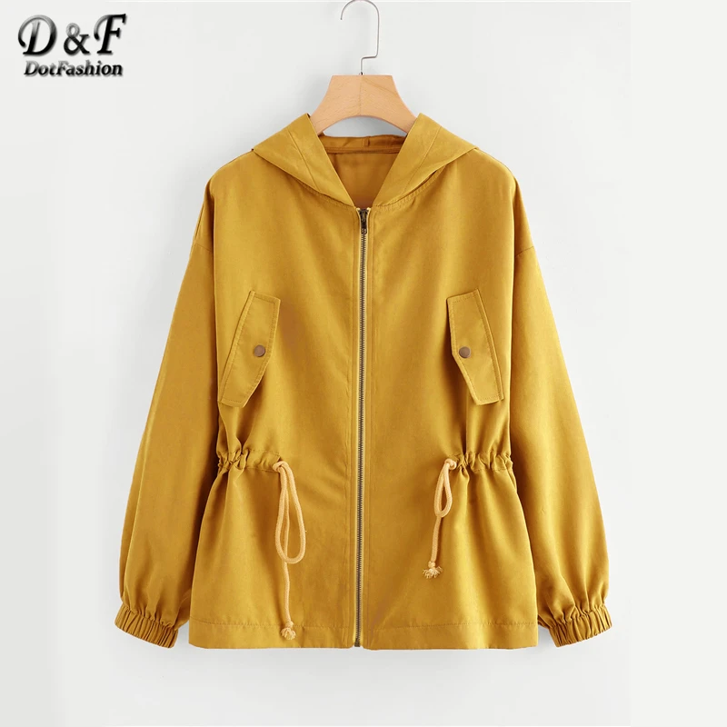 

Dotfashion Zipper Button Pocket Drawstring Waist Hooded Ginger Jacket Female 2019 Autumn Zip Up Hoodie Weekend Casual Plain Coat