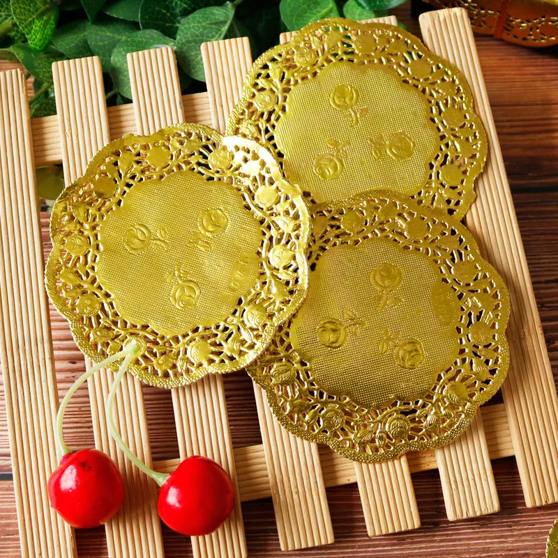 

50pcs 3.5" Gold Paper Doilies Napkin Pads Hollowed Lace Paper Mat Lace Doily Doyleys Coasters Placemat Party Weding Decoration