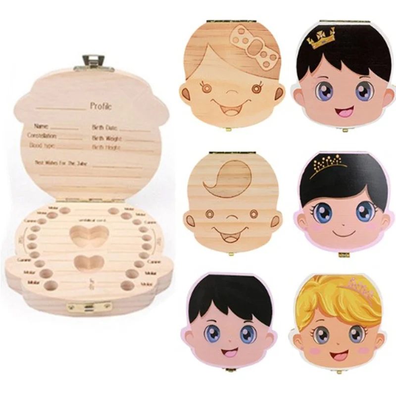 Spanish English French Italian Russian Wood Tooth Box Organizer Save Milk Wood Storage Collecting Teeth Lanugo