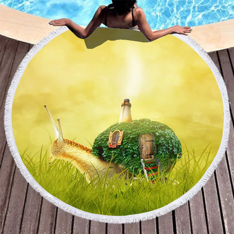

Boho Beach Towels Printed Cartoon Snails Beach Towel Microfiber Round Fabric Bath Towels For Living Room Home Decorative