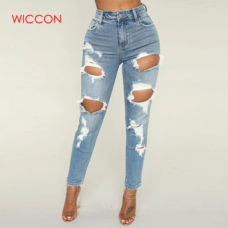 

Destroyed Holes boyfriend jeans for women Denim Pants Blue Button Fly High Waist Women Trousers 2019 ripped jeans for women
