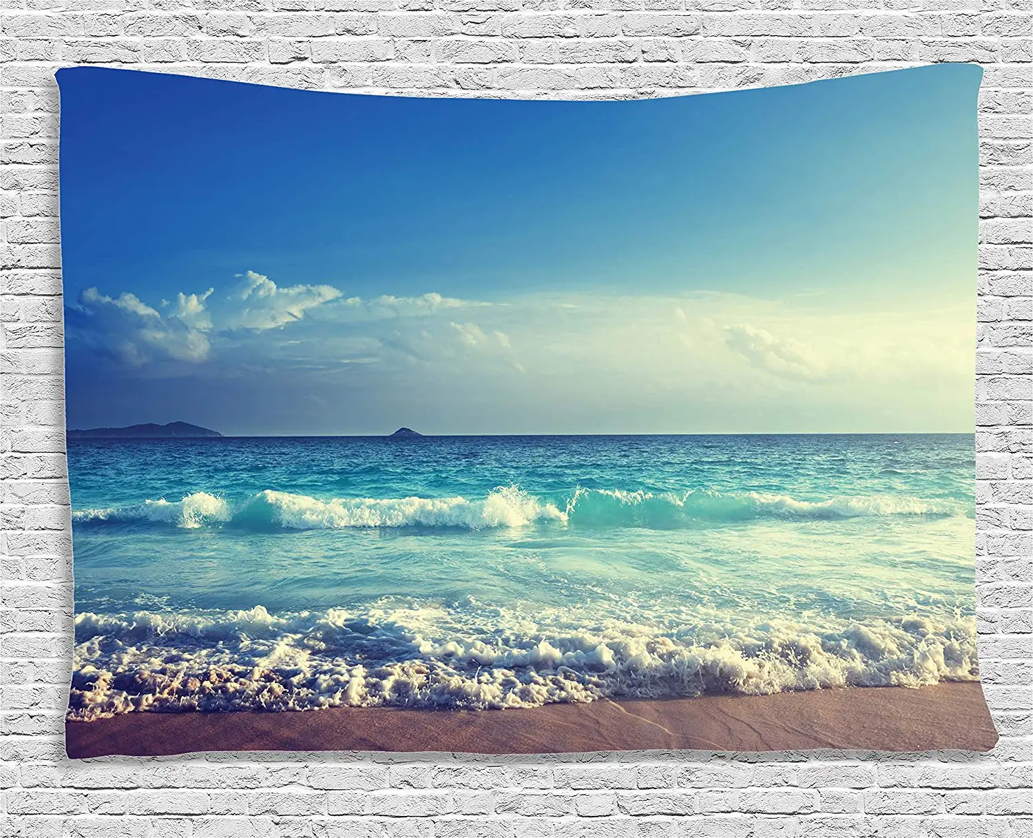 Ocean Decor Tapestry Tropical Island Paradise Beach at Sunset Time with Waves and the Misty Sea Image Wall Hanging | Дом и сад