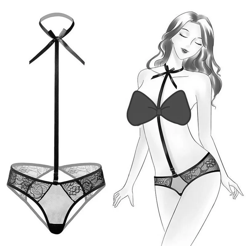 Sexy One Piece Halter Neck Tie With Bikini Thong Pron Sex Underwear Waiter Butler Teddy Lingerie Lace Babydoll G string