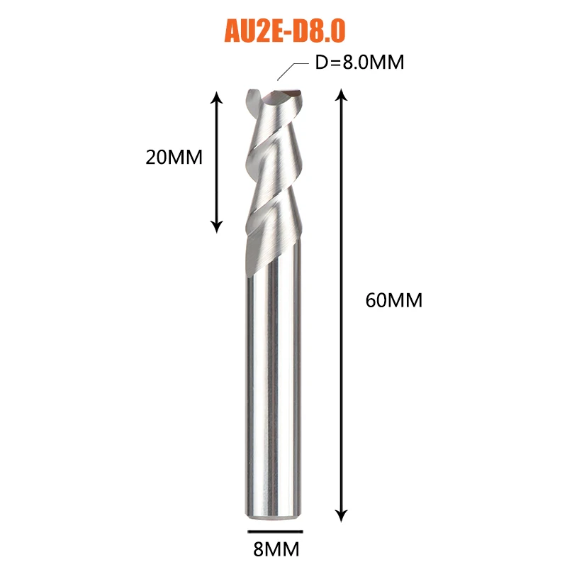 1 шт. плоский конец мельницы 2 флейты Конец фрезы d1-d12 концевые фрезы cnc уход за кожей лица и шлицевой фрезерный инструмент для обработки алюминия - Длина режущей кромки: 1PC-AU2E-D8.0