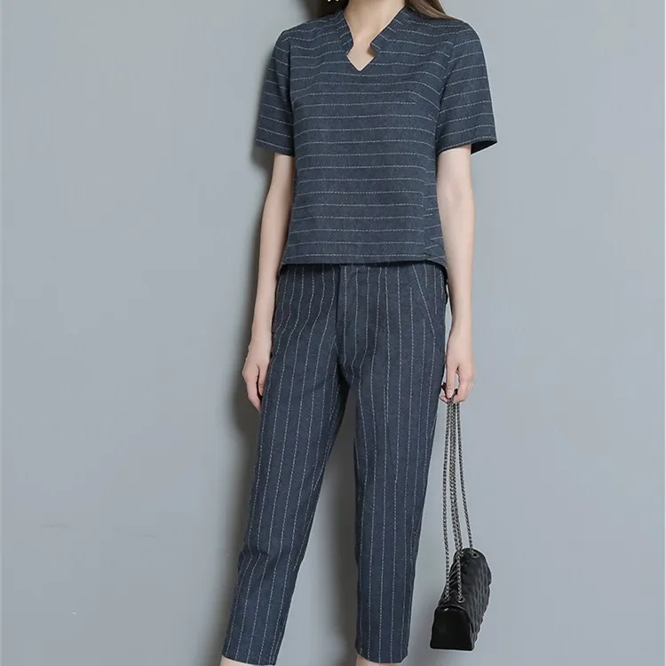 

New Arrival Summer Ladies Casual Striped Two Piece Sets Women V-Neck Pockets Slim Suits