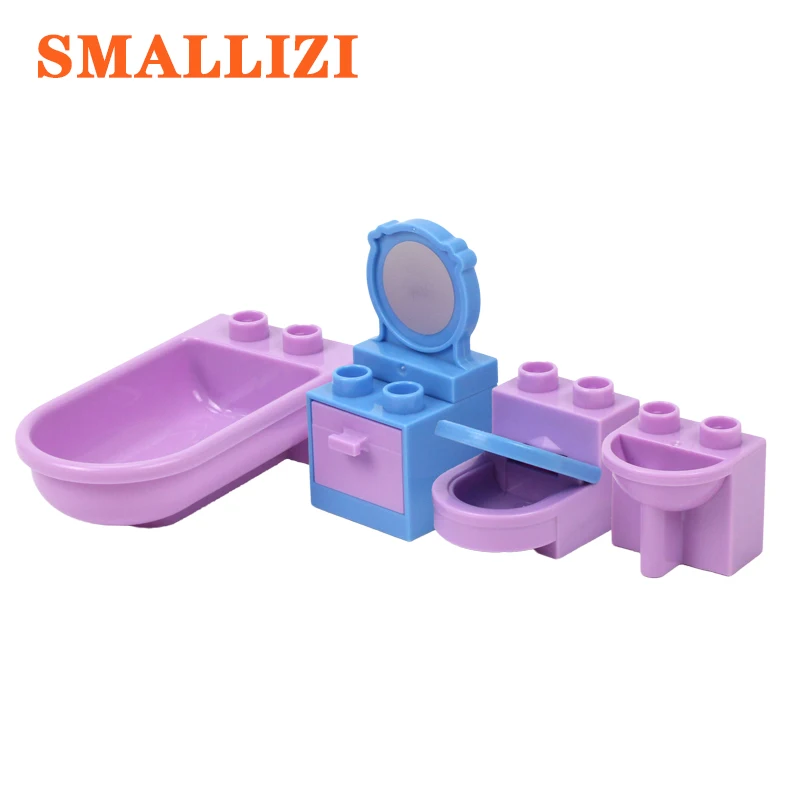 Furniture Toilet Mirror Wash Basin Bathtub Accessories Big Size Building Blocks Bricks Parts Compatible With Duplo DIY Toys