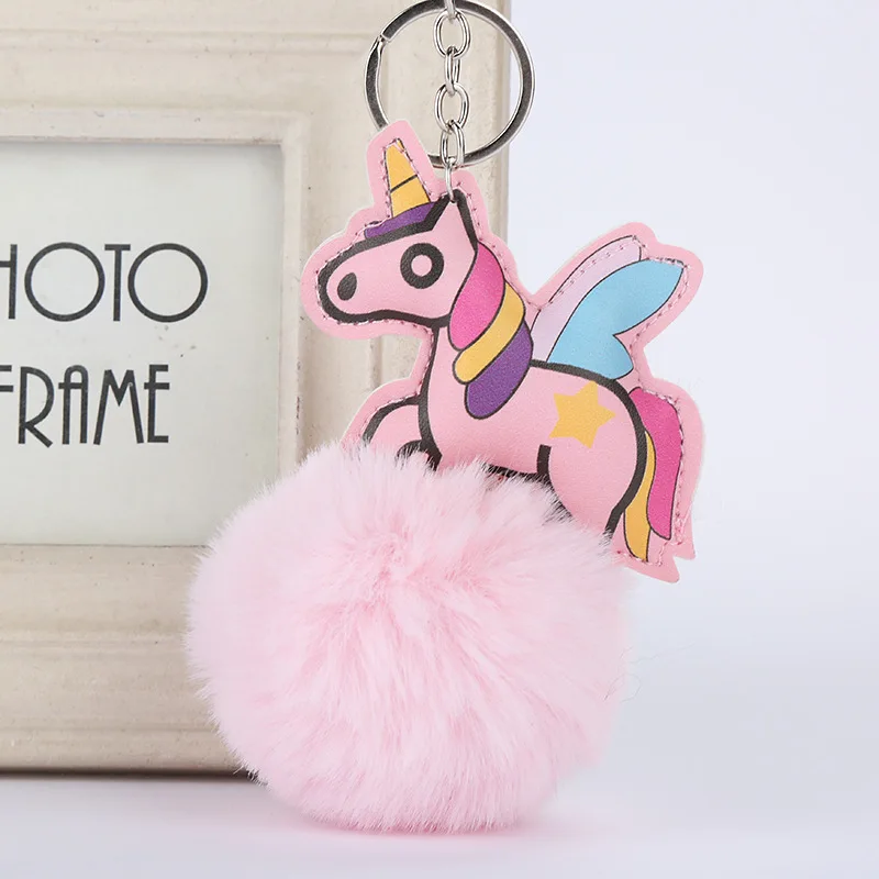 

Cute Fluffy Fur Unicorn Keychain Faux Rabbit Fur Ball Pom Pom PU Horse Key Chains Bag Charms Trinket Car Key Ring Gift MQ89