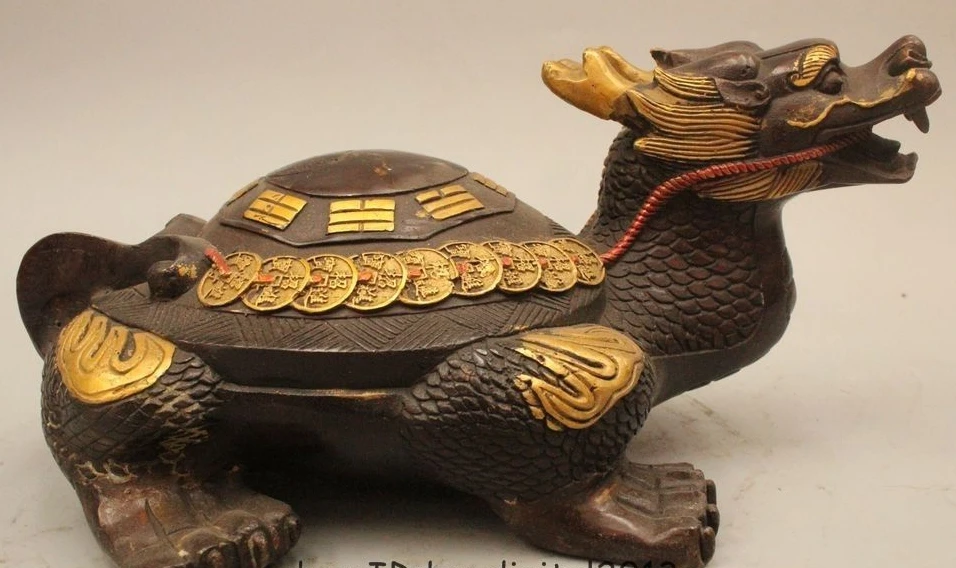 

Lucky China Fengshui Bronze Gild Money Wealth Dragon Turtle 8 Diagrams Statue
