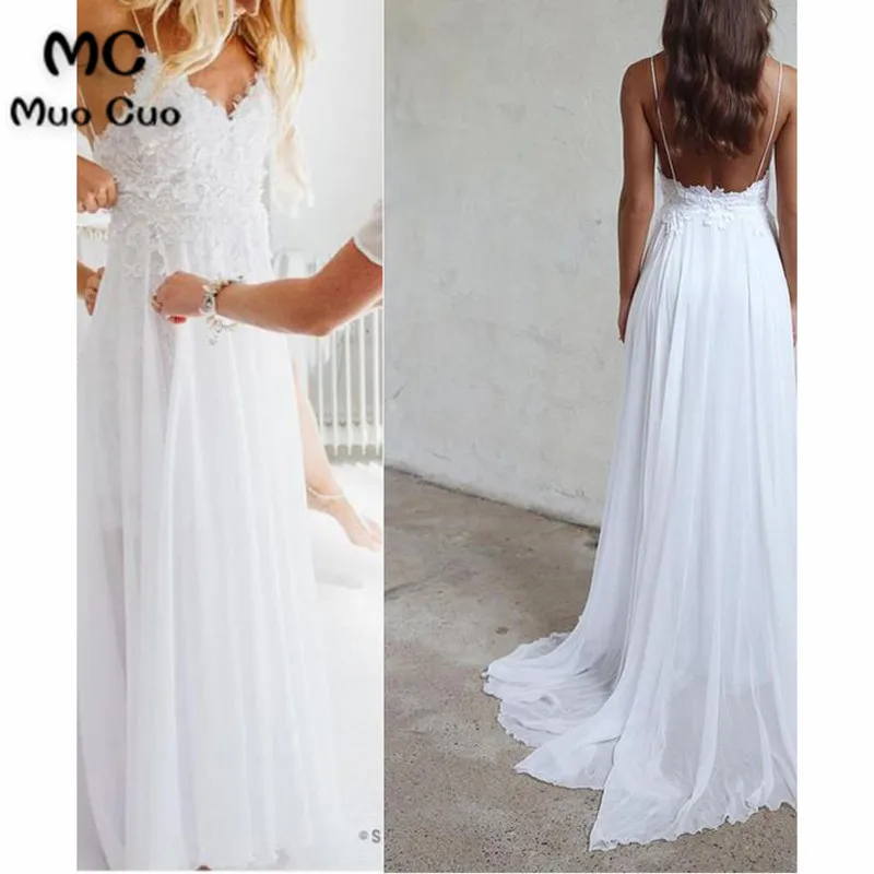 A-line Spaghetti Strap Sweep Train Chiffon Appliqued Wedding Dresses