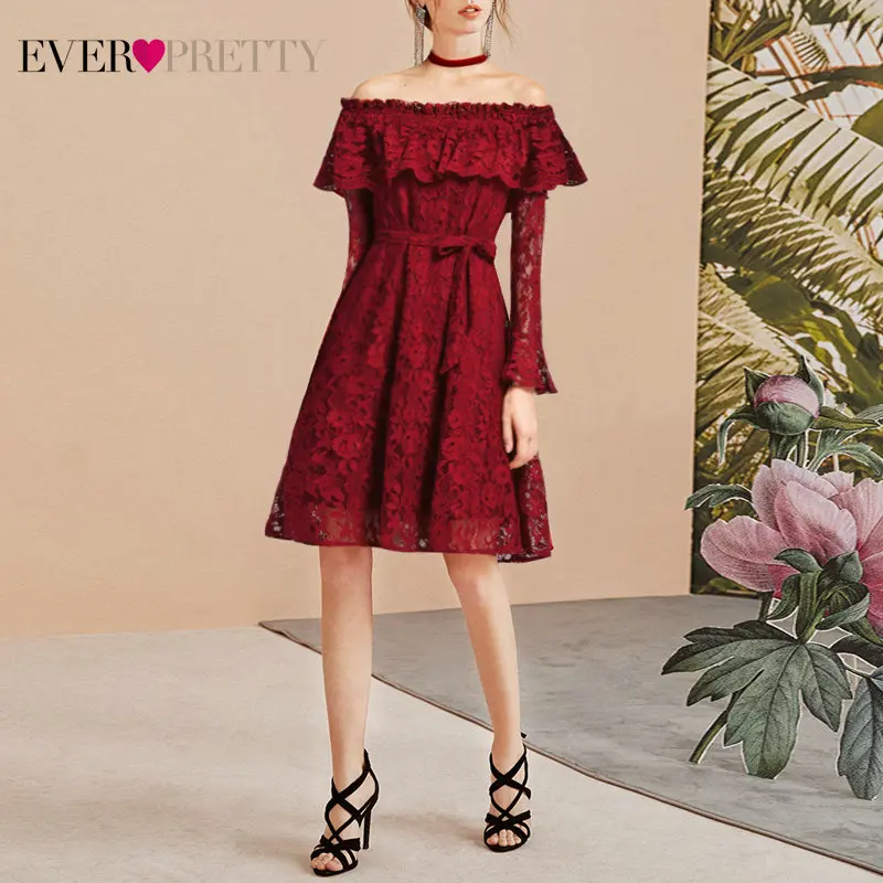 

Ever Pretty Women Sexy Short Evening Dresses Lace Burgundy Long Sleeve Autumn Winter Homecoming Party Evening Dress AS05906