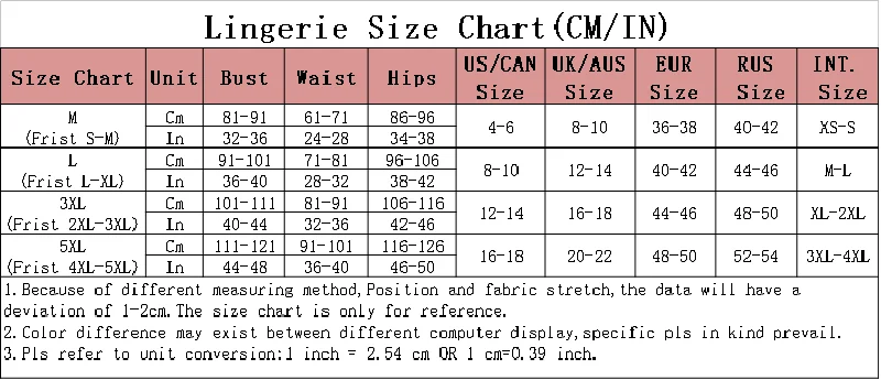 lingerie size chart