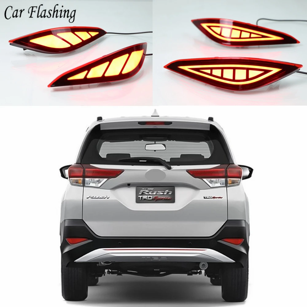 

Car flashing 1Pair Multi-functions Car LED For Toyota Rush 2018 2019 Rear Fog Lamp Brake Light Rear Bumper Decoration Lamp Auto