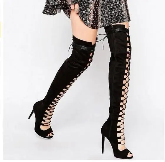 2016 Luxury Black Taupe Suede Peep Toe Cut-out Gladiator Sandals Boots Lace-up Strappy Over the Knee Boots Women High Heel Shoes