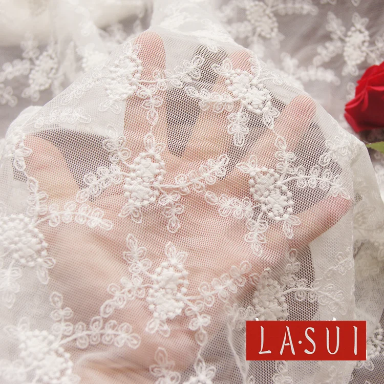 

LASUI 2017 concise white 2 Yards =1 lot cotton lace soft thread mesh flowers Full width embroidery lace fabric M0024