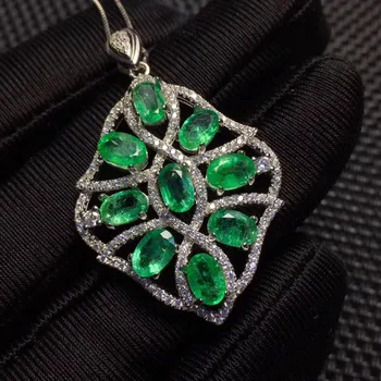 شراءالطبيعي الأخضر الزمرد قلادة قلادة S925 الفضة الطبيعية الأحجار الكريمة قلادة الفاخرة الهندسة يترك فتاة النساء حزب مجوهرات