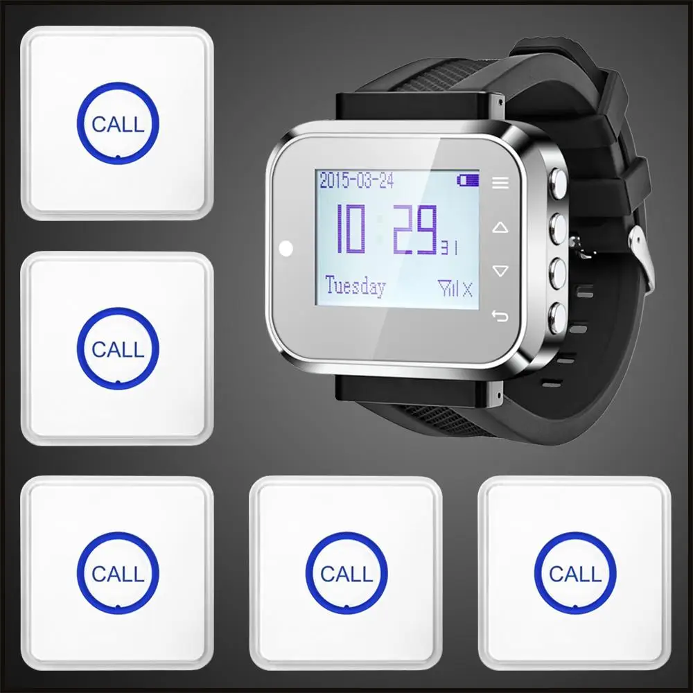 

Wireless Waiter Wrist Pagers Table Waiter Service Call System for Cinema.5 Bells,1 Watch Calling launch button