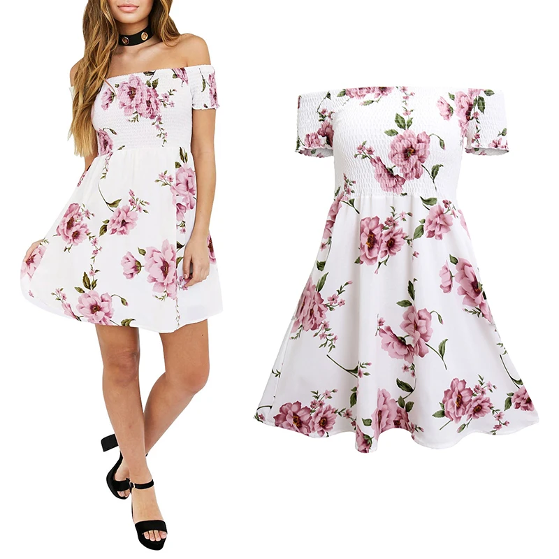 

Print Slash Neck Short Sleeve Above Knee Mini Off Shoulder Floral Beach Casual Party Short Mini Dress Robes de Femmes Vestidos