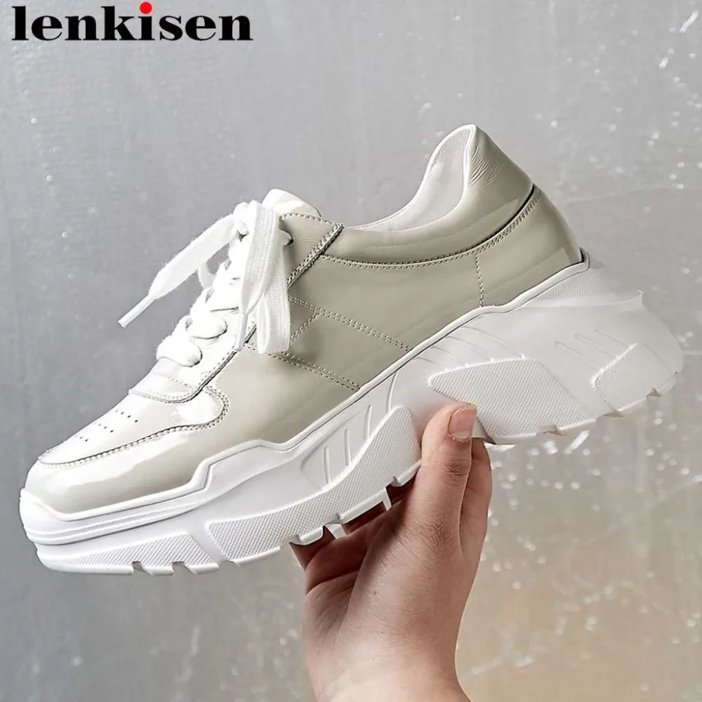 Lenkisen/обувь в европейском стиле из натуральной кожи с круглым носком на толстой высокой платформе со шнуровкой на толстой подошве; Вулканизированная обувь; L7f6