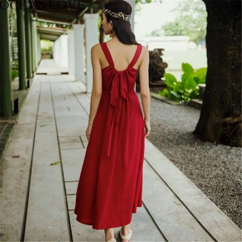 

OCEANLOVE Bohemian Solid Red Long Dress Sexy Back Hollow Out 2019 Summer Spring Vestido Beach Dress Sleeveless Women 10753