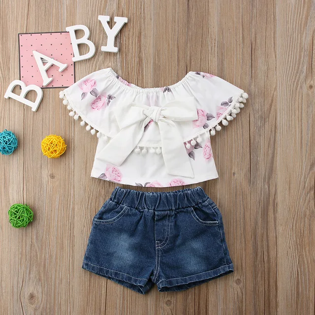 Summer New Toddler Kids Girl Clothes Off shoulder Floral Tassel Ball Bowknot Tops+Denim Shorts Hot Pant Jean 2PCS Children Set 2