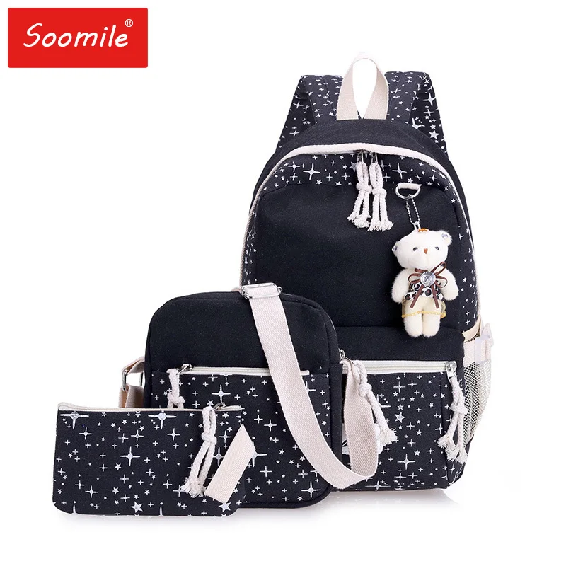 

3PCS Set School Bags For Teenage Girls Bear Female 2018 New Fashion Brand Canvas School Backpack Shoulder Bag For Laptop Book