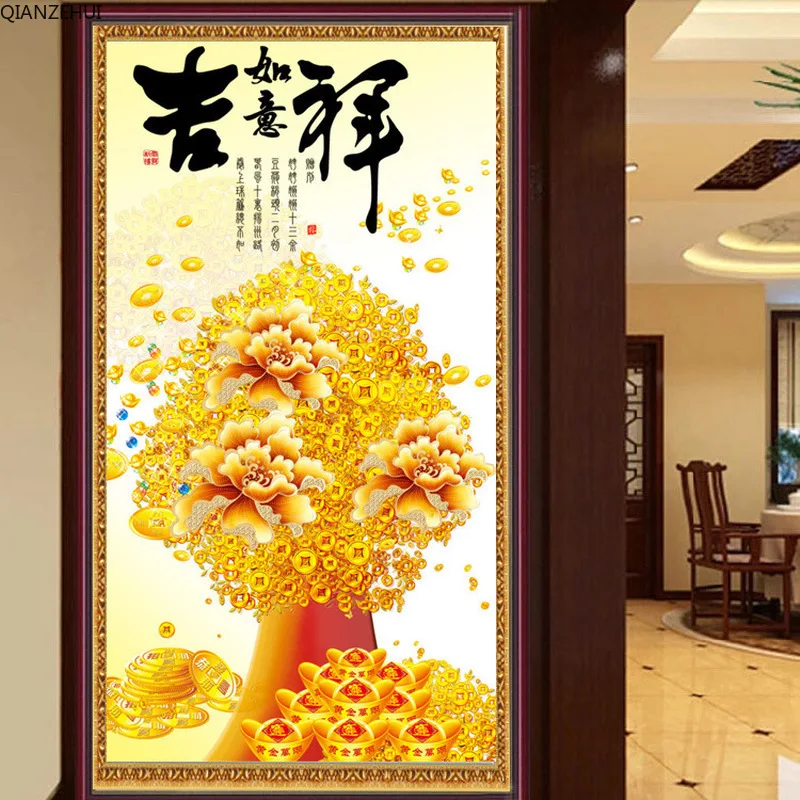 

QIANZEHUI,DIY Embroidery,Round Diamond Good luck fortune tree Full rhinestone Diamond painting cross stitch,needlework