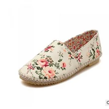 Женская Печатные Цветочный Холст Хлопчатобумажная Ткань Дешевые Конопли Круглым Носком Плюс размер 34-43 леди Скольжения на Обувь Танцы Вождения Обувь