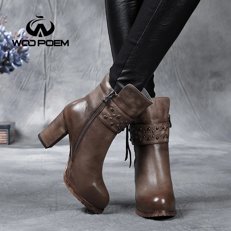 Лидер продаж г., ботинки из натуральной кожи Зимняя обувь женские ботильоны на высоком каблуке мотоботы женские ботинки ручной работы в стиле ретро